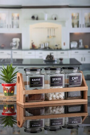 Set of 3 Tea Coffee Sugar Jars with Stand and Label Black Lid 1000ml 1000CCKARE - Karçiçeği Home