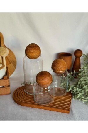 SET OF 3 WOODEN BALL LID GLASS JARS Sugar Bowl Snack Bowl and Spice Bowl and Storage Container - Bade Home