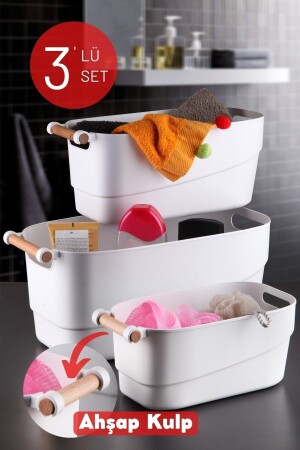 Set of 3 Wooden Handled Multi-Purpose Bathroom, Kitchen, Drawer Organizer Retro Basket White NDY-NDYEP-RTRO - Nandy Home