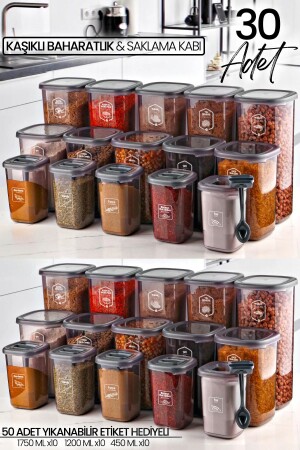 Set of 30 Labeled Square Food Storage Containers and Spice Jars with Spoons - (1750ML 1200ML 400 ML) MCH009555 - Kitchen Life