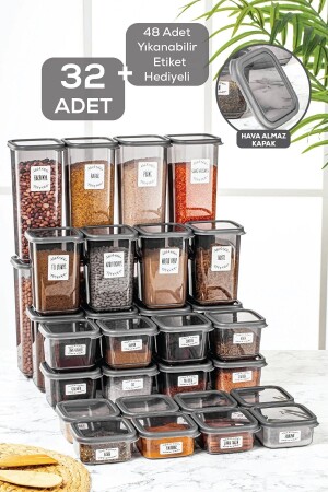Set of 32 Labeled Square Food Storage Containers with Lids 8x(0.3 LT-0.5 LT-1.1 LT-1.7 LT) Spice Rack MCH-712 - Meleni Home