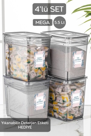 Set of 4 - 5.5 Liter Jumbo Lena Powder Tablet Detergent Storage Container - Labeled Lid Storage Box MCH-974 - Meleni Home