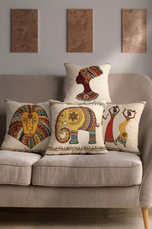Set of 4 Digital Printed Throw Pillow Covers in Orange and Cream Colors with African Patterned Lion, Elephant and Woman Figures - Şah Dekor
