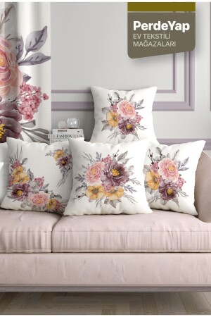 Set of 4 Digital Printed Throw Pillow Covers with Rose Garden Pattern on Cream Background 43 x 43 Cm 040 - Perdeyap1980