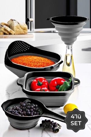 Set of 4 Elegant Folding Strainers 1x(Funnel- Handled Strainer- Square Strainer- Rice Strainer) Black - Vienev