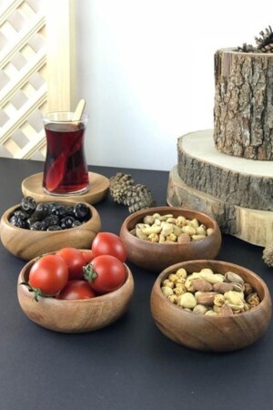 Set of 4 Round Presentation Bowls Acacia Tree Snack Bowl - Black Gold