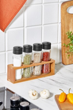 Set of 4 Salt and Pepper Shakers, Spice Shaker with Wooden Stand NERO 4 - woodsy