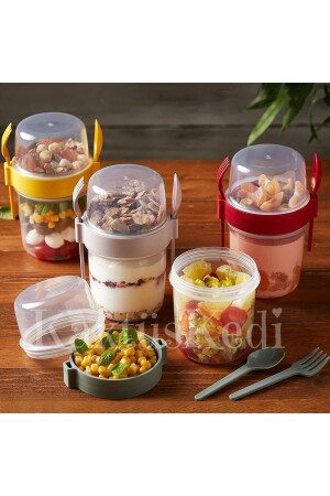 Set of 4 Snack Food Yogurt Muesli Granola Diet Container with Fork and Spoon - Food Storage Container 7480000716772 - KaktüsKedi