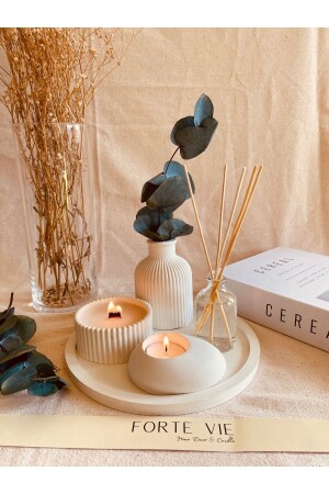 Set of 5 Striped Vase on Decorative Tray - Vanilla Fragrance Wooden Wick Candle - Tealight - Room Fragrance - Forte Vie