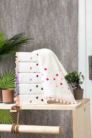 Set of 6 Embroidered Towels with Pompoms, Hand and Face Towels 30x50 Cm - Hasgül Towel