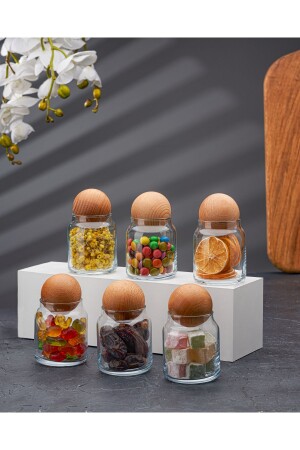 Set of 6 Glass Jars with Wooden Ball Lids, Sugar Bowl, Snack Bowl, Spice Bowl and Storage Container 0-25 ml - Demirhan Home