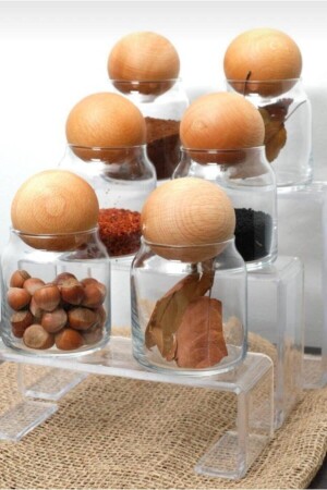 Set of 6 Glass Jars with Wooden Ball Lids, Sugar Bowl, Snack Bowl, Spice Bowl and Storage Container 0.50 Liter 01 - Demirhan Home
