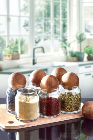 Set of 6 Glass Jars with Wooden Top Lids Spice Jar Set 300 Ml. 252 - İLİVA