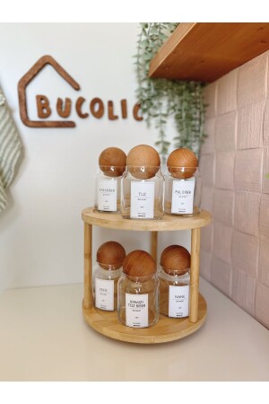 Set of 6 Glass Spice Jars with Wooden Lids and Labeled Wooden Rotating Stand 300 Ml BHS78 - BUCOLIC