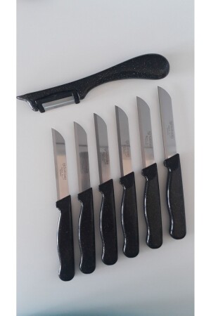 Set of 6 Glitter Black Fruit Knives and Side Peeler with Knob Handle - Solingen