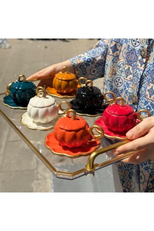Set of 6 Luxury Pumpkin Colored Coffee Cups with Lids - Onedekor