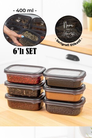 Set of 6 Peggy Rectangular Spice Storage Containers with White Screen Printing Label 400 ml Anthracite PGGY6LI400 - Vienev