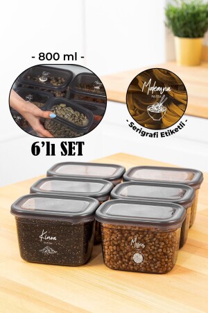 Set of 6 Peggy Rectangular Storage Containers with White Screen Printing Label 800 Ml Anthracite PGGY6LI800 - Vienev