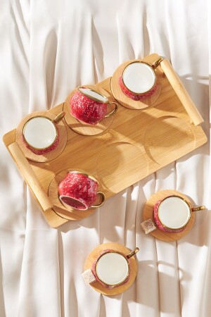 Set of 6 Red Coffee Cups with Bamboo Tray as Gift 90 ml 153. 03. 05. 0221-1 - Karaca
