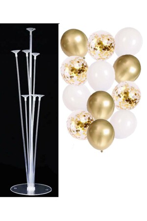 Set of 7 Balloon Stands and 10 Gold-White-Transparent Confetti Balloons - Patladı Gitti