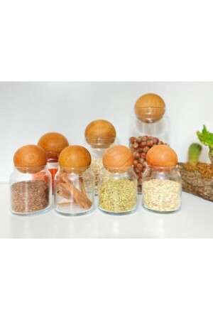 Set of 7 Glass Jars with Bamboo Ball Lids Snack Bowl and Spice Jar Set 01 - Demirhan Home