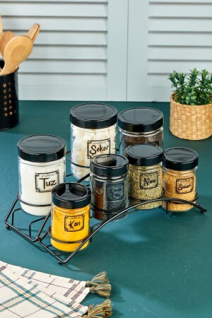 Set of 7 Spice Jars with Oval 2-Rung Metal Stand - 7-Piece Spice Jars with 2-Rung Metal Stand VG-699 - vipgross
