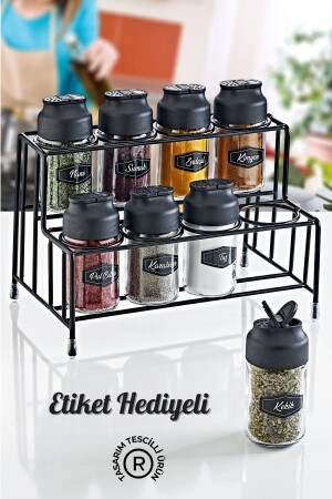 Set of 8 Double Covered Glass Spice Jars with Metal Stand - Salt Shaker, Pepper Shaker, Spice Set GM00355 - GRİMOR Life