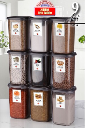 Set of 9 Labeled Square Food Storage Containers 1200 ml - Organizer Jar with Hard Lid TYC00733042975 - Kitchen Life