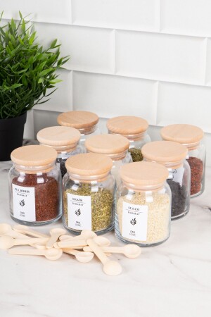 Set of 9 Wooden Vacuum Jars with Lids, 9 Spice Spoons and 24 Label Spice Jar Set 300 ml DNS-9lu300 - DNS HOME