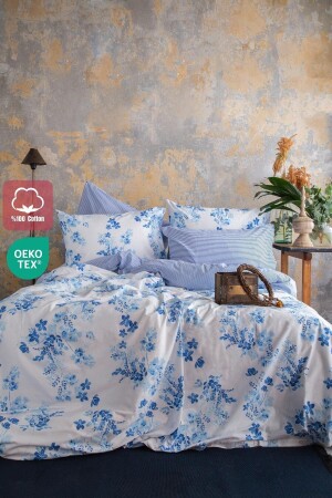 Sevilla 240x220 King Size Duvet Cover Set 2 Pillowcases Blue Floral Double Sided Striped - Leruum London