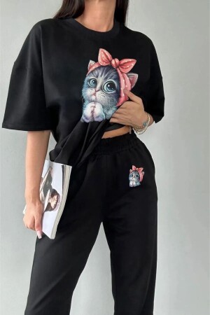 Sevimli Kedi T-Shirt Eşofman Altı Jogger - Siyah Alt Üst Eşofman Takımı Bisiklet Yaka - Modarich