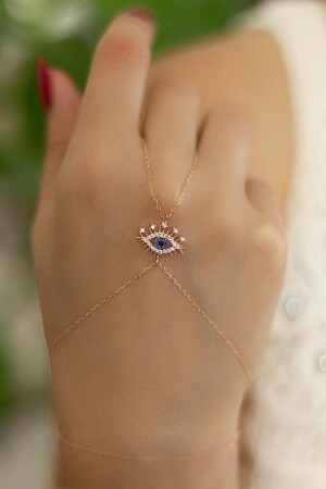 Shahmeran Eye Evil Eye Zircon Stone 925 Carat Hand Chain Yellow Shahmeran - By Barun Silver