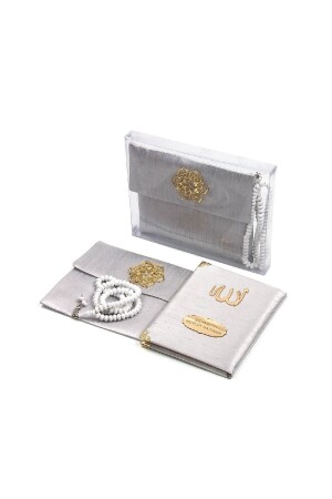 Shantuk Fabric Covered Yasin Book - Bag Size - Personalized Plate - With Rosary - Pouch - Boxed - Gray - Ihvanonline