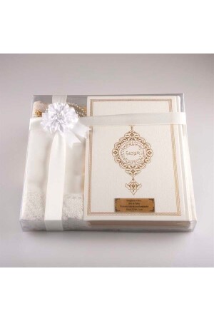 Shawl + Prayer Rug + Prayer Beads + Quran Gift Set (medium Size - White) - Hayrat Neşriyat
