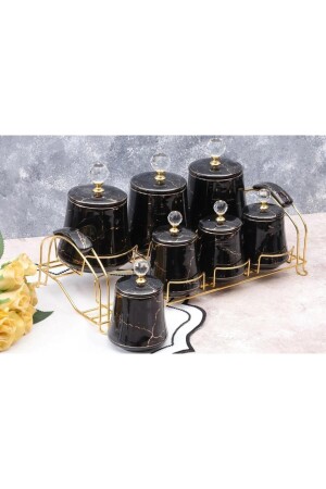 Shiny 7 Piece Porcelain Spice Set with Stand Black Tr-1850 CZM458 - AROW