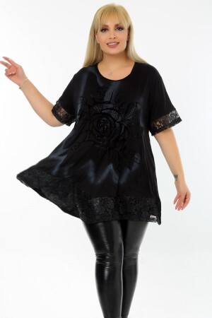 Short Sleeve Tunic with Flock Printed Rose Motif and Lace Skirt and Sleeve End - Kheos