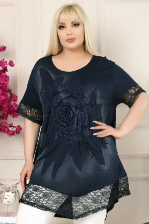 Short Sleeve Tunic with Flock Printed Rose Motif and Lace Skirt and Sleeve End - Kheos