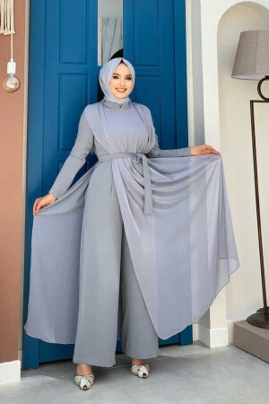 Şifon Pelerin Detay Bel Kuşaklı Tulum 3330 Gri - Bym Fashion