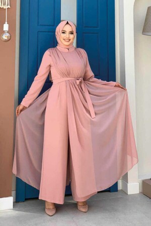 Şifon Pelerin Detay Bel Kuşaklı Tulum 3330 Pudra - Bym Fashion
