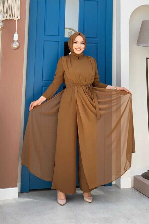 Şifon Pelerin Detay Bel Kuşaklı Tulum 3330 Taba - Bym Fashion