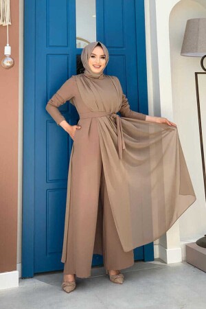 Şifon Pelerin Detay Bel Kuşaklı Tulum 3330 Vizon - Bym Fashion