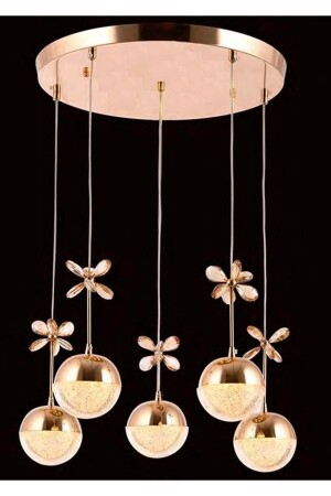 Sıla Modern Gold 5-Piece Pendant Lamp Crystal Ball Butterfly Led Chandelier OZ236O340 - Özçelikler