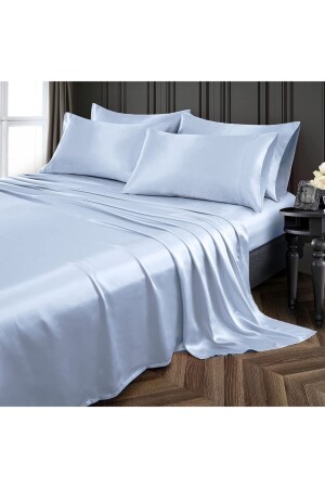 Silk Textured Cotton Satin 4 Piece Double Duvet Cover Set 200x220 Cm Elastic Sheet Blue snc1 - Silk Cocoon