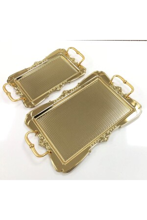 Silver 2 Piece Nosalji Tray Set Rectangular Hammered Gold Color Set2a 85468789416478 - Dalgıç