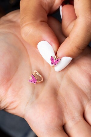 Silver Children's Earring with Butterfly Figure, Clip Model, Pink Enameled (2 - 8 YEARS) - Tek Tarzim Taki