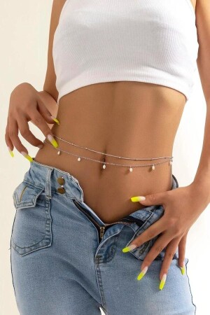 Silver Color Pearl Detailed Waist Chain - Bahels