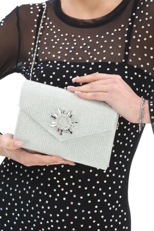 Silver Color Sea Bream Material Stone Accessory Magnetic Envelope Cover Usable Evening Dress Bag with Shoulder Strap PİE2001 - Piedra