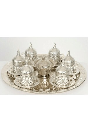 Silver Copper Ottoman Pattern Tray+Turkish Delight Cup Set for 6 People mm73112 - Marateks