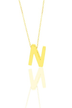 Silver Gold Gilded Three Dimensional Minimal N Letter Necklace SGTL11180 - Söğütlü Silver