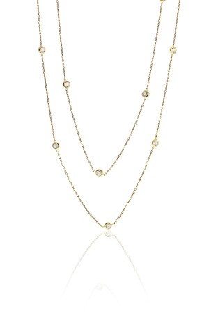 Silver Gold Gilded Zircon Row Stone Necklace 100 Cm SGTL10506 - Söğütlü Silver